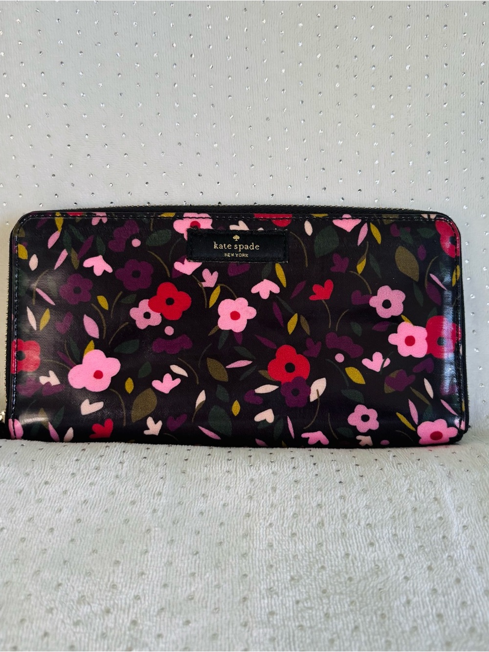 kate spade Black Floral Patent Zip Wallet with Pink, Red & Purple Flowers